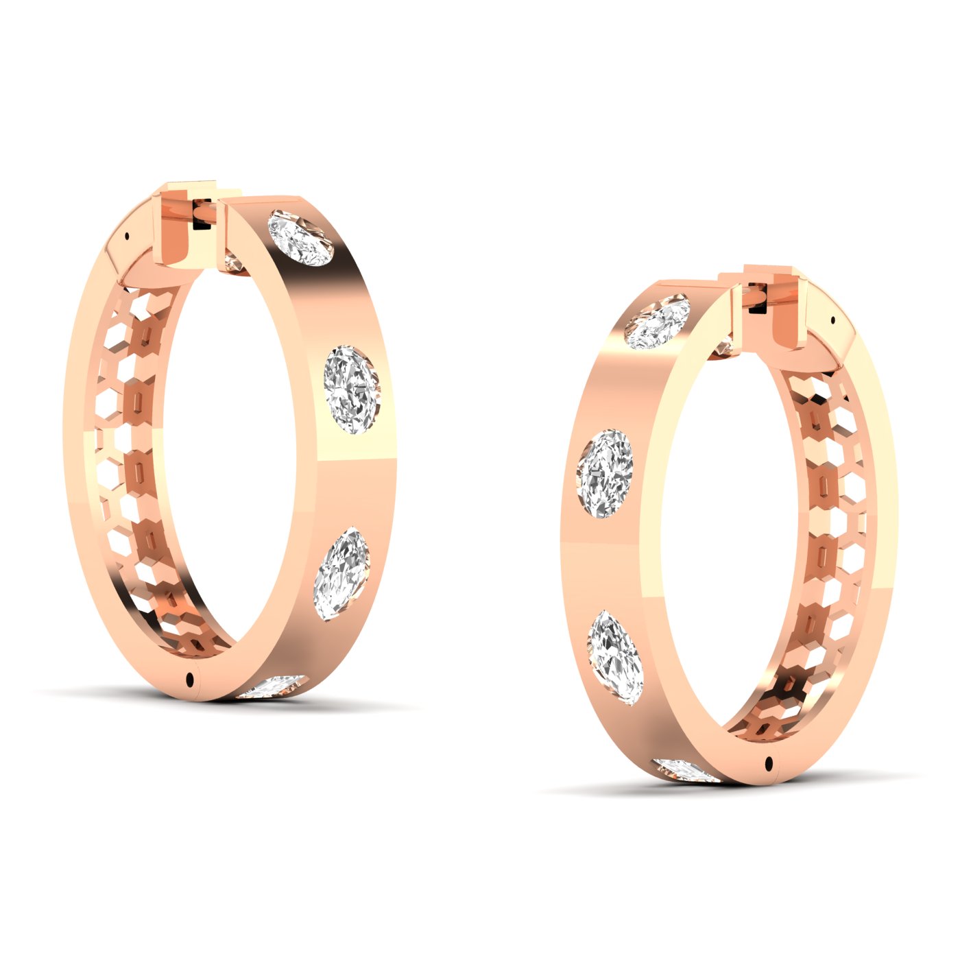 Elegant brilliant oval and pear diamond hoop earrings featuring a mix of oval and pear-shaped diamonds, set in fine metal for a luxurious and unique design | Rose Gold | Side View