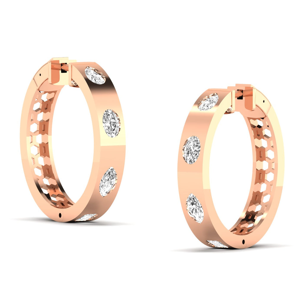 Elegant brilliant oval and pear diamond hoop earrings featuring a mix of oval and pear-shaped diamonds, set in fine metal for a luxurious and unique design | Rose Gold | Side View