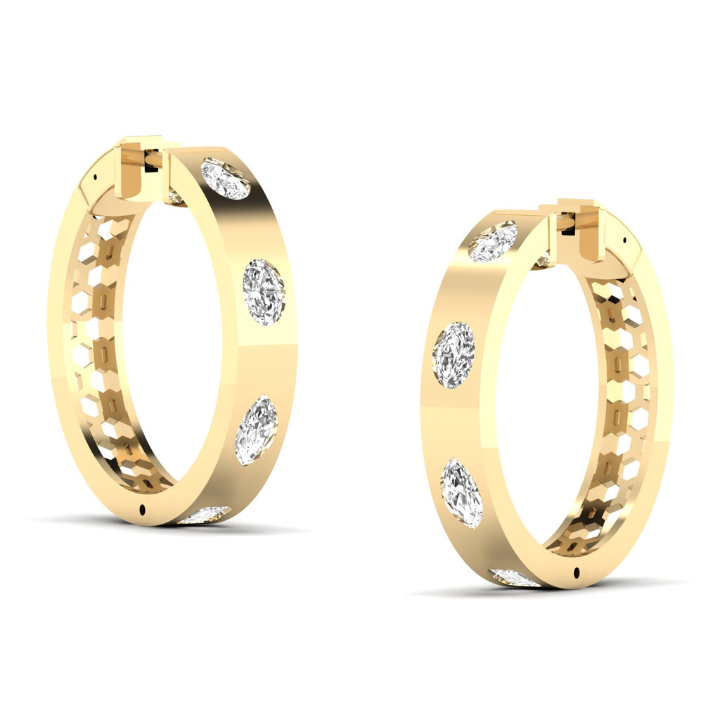 Elegant brilliant oval and pear diamond hoop earrings featuring a mix of oval and pear-shaped diamonds, set in fine metal for a luxurious and unique design | Yellow Gold | Side View