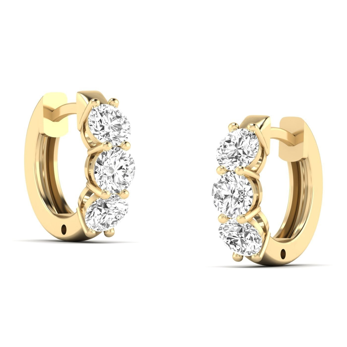 Exquisite Trinity diamond hoop earrings featuring three stunning diamonds set in a sleek hoop design, offering a timeless and elegant look for any occasion | Yellow Gold | Side View