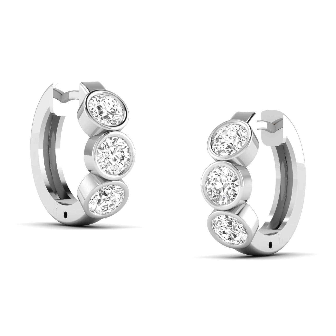 Elegant Trinity bezel diamond hoop earrings featuring three radiant diamonds set in a sleek bezel design, offering a modern, timeless, and sophisticated look | White Gold | Side View