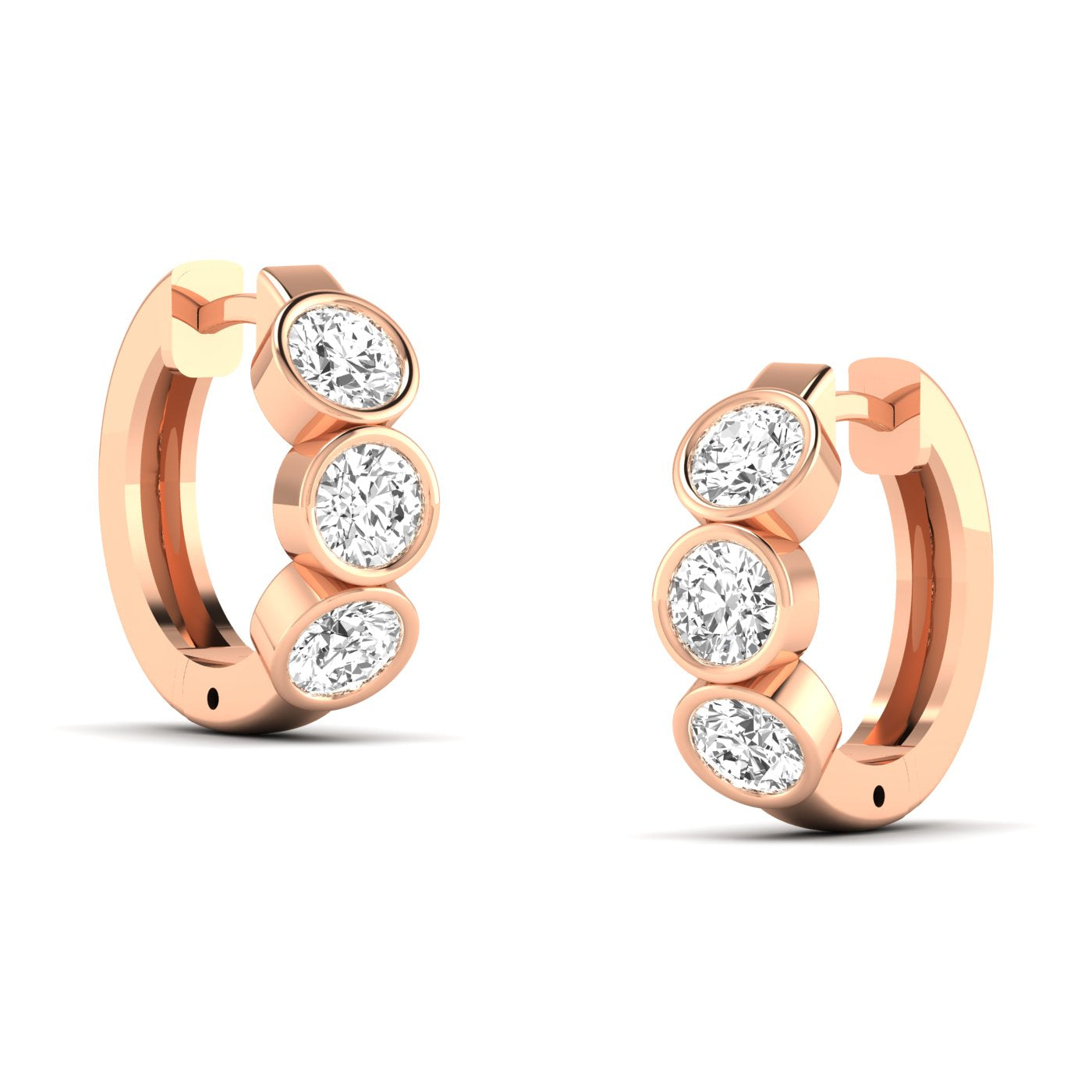 Elegant Trinity bezel diamond hoop earrings featuring three radiant diamonds set in a sleek bezel design, offering a modern, timeless, and sophisticated look | Rose Gold | Side View