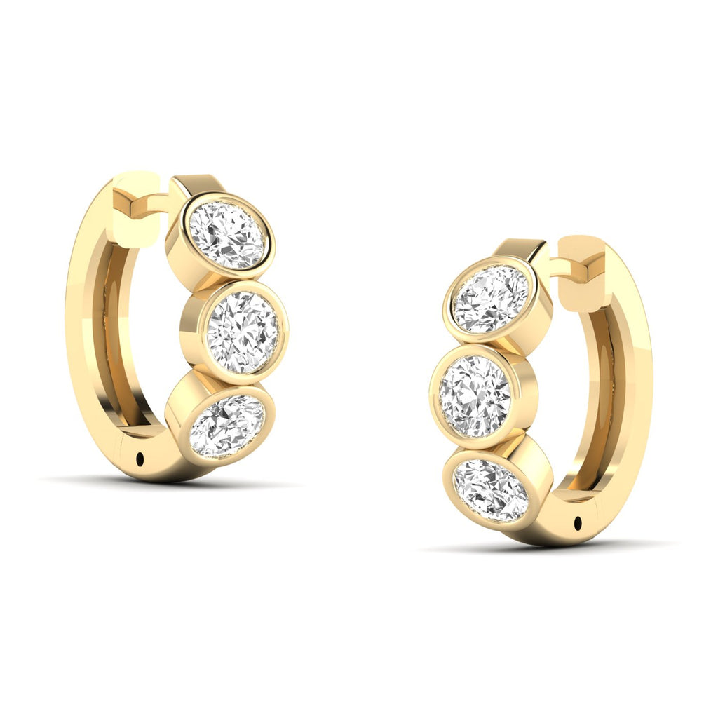 Elegant Trinity bezel diamond hoop earrings featuring three radiant diamonds set in a sleek bezel design, offering a modern, timeless, and sophisticated look | Yeiiow Gold | Side View