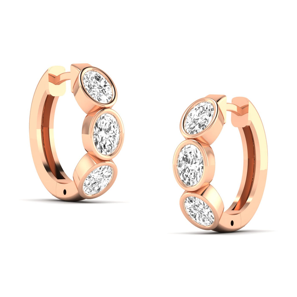 Elegant Trinity oval bezel diamond earrings featuring three oval-shaped diamonds set in a sleek bezel design, offering a modern and sophisticated look | Rose Gold | Side View