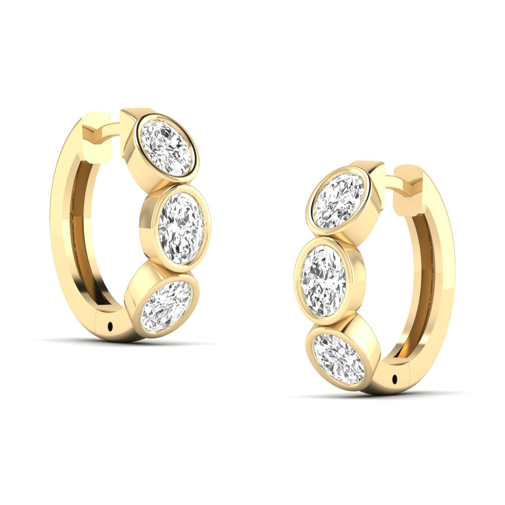 Elegant Trinity oval bezel diamond earrings featuring three oval-shaped diamonds set in a sleek bezel design, offering a modern and sophisticated look | Yellow Gold | Side View