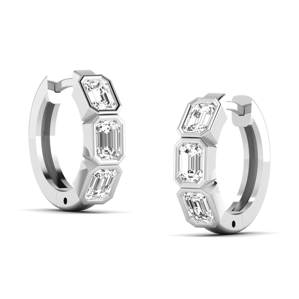 Bold Emerald Cut Bezel Hoop Earrings XL featuring large emerald-cut diamonds set in sleek bezel settings, offering a striking and sophisticated look | White Gold | Side View