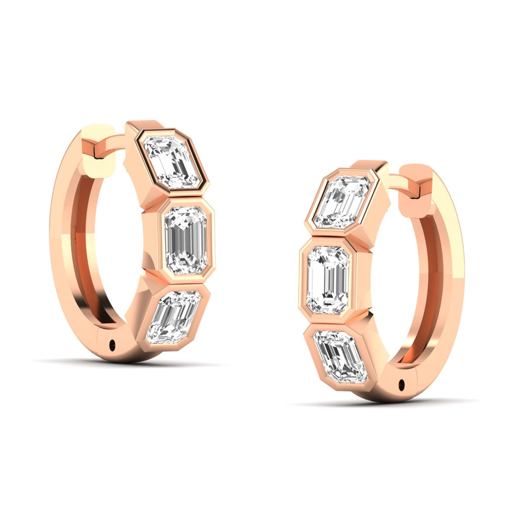 Bold Emerald Cut Bezel Hoop Earrings XL featuring large emerald-cut diamonds set in sleek bezel settings, offering a striking and sophisticated look | Rose Gold | Side View