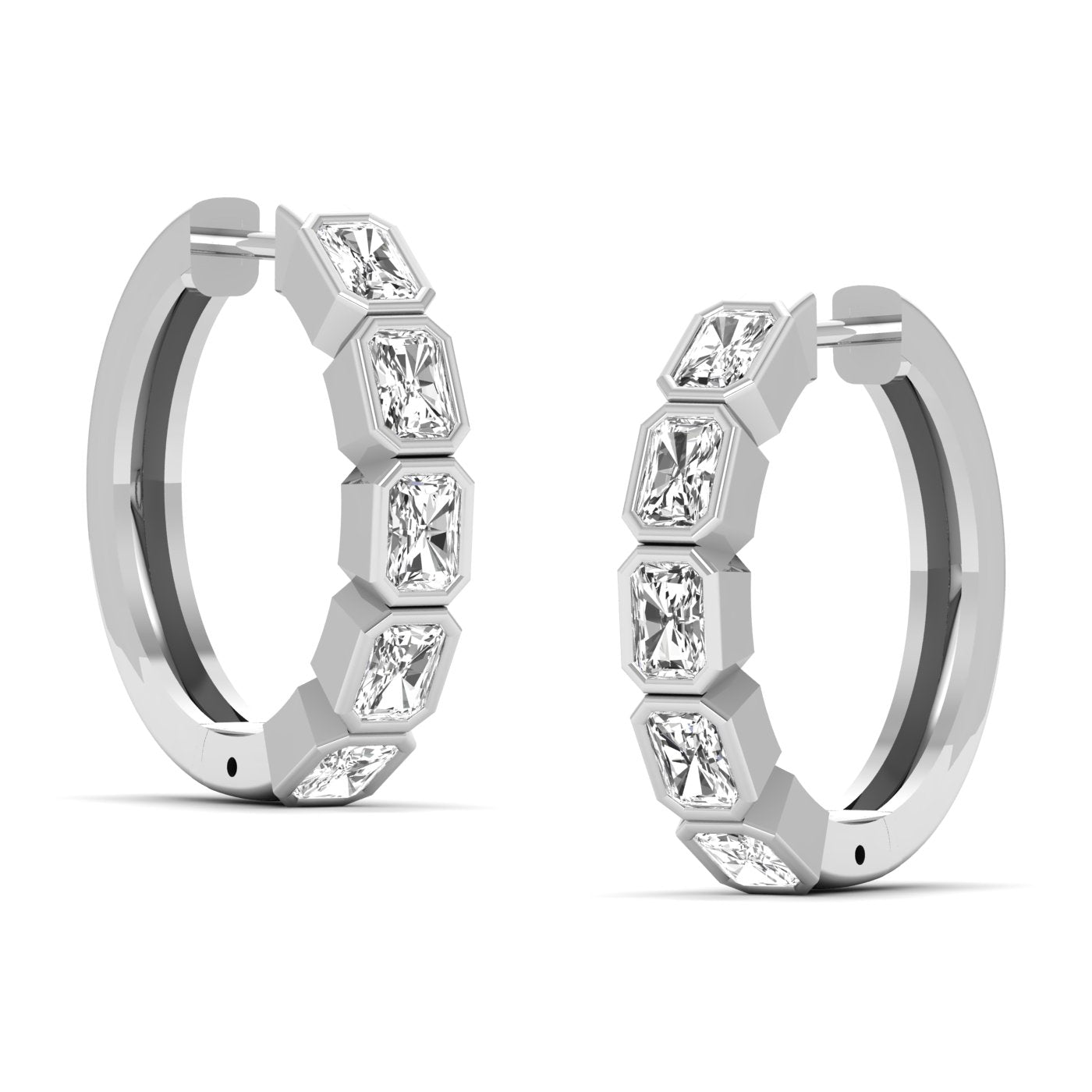 Stunning Radiant Cut Hoops Diamond Earrings featuring sparkling radiant-cut diamonds set in a sleek hoop design, offering a bold and sophisticated look | White Gold | Side View