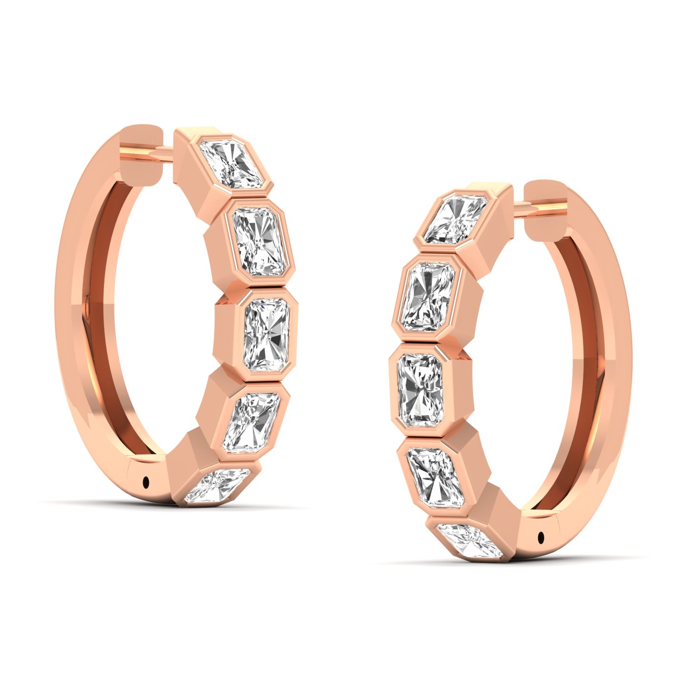 Stunning Radiant Cut Hoops Diamond Earrings featuring sparkling radiant-cut diamonds set in a sleek hoop design, offering a bold and sophisticated look | Rose Gold | Side View