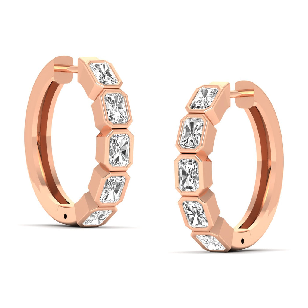 Stunning Radiant Cut Hoops Diamond Earrings featuring sparkling radiant-cut diamonds set in a sleek hoop design, offering a bold and sophisticated look | Rose Gold | Side View