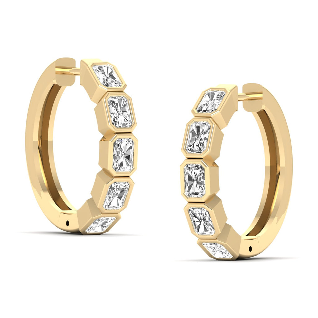 Stunning Radiant Cut Hoops Diamond Earrings featuring sparkling radiant-cut diamonds set in a sleek hoop design, offering a bold and sophisticated look | Yellow Gold | Side View