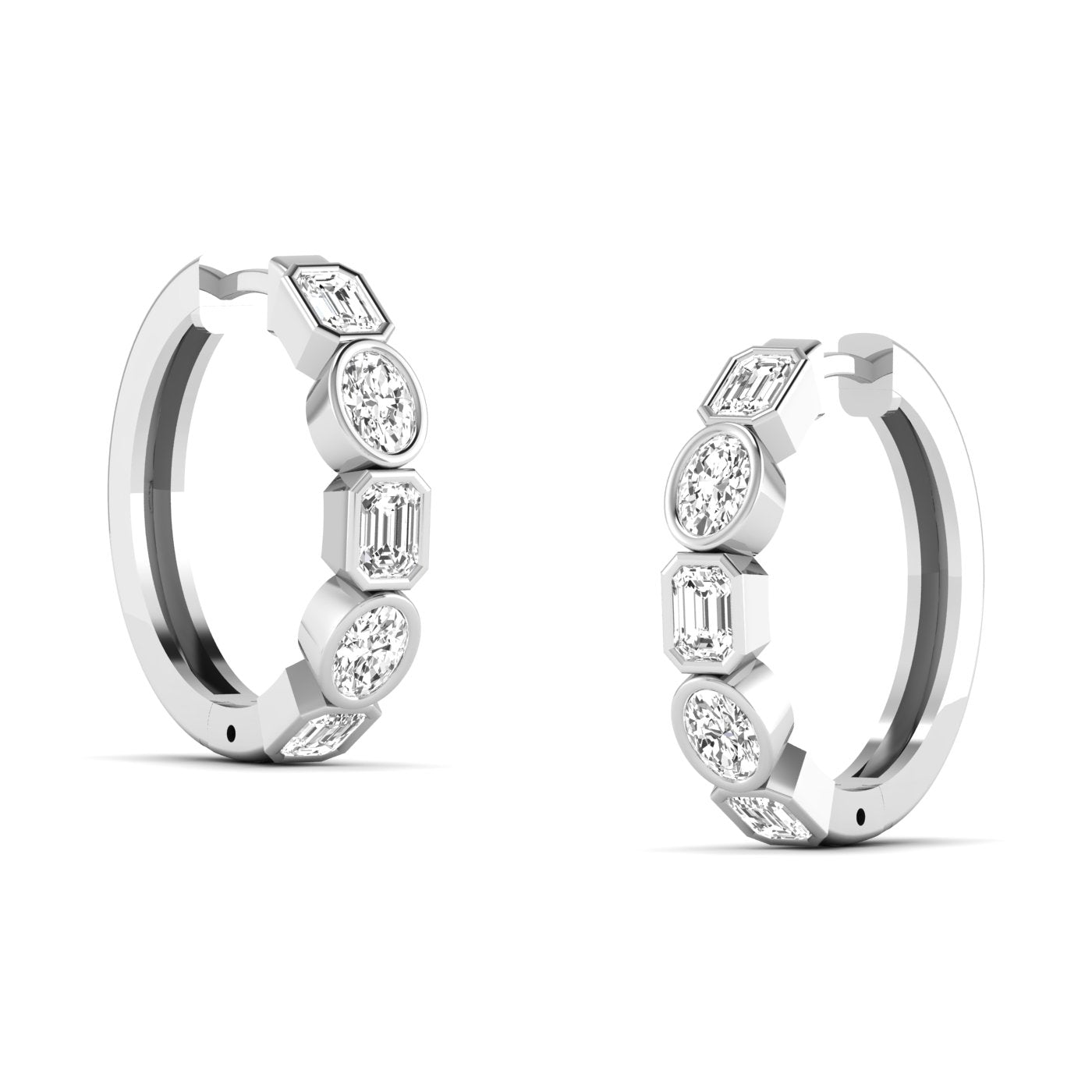 Elegant emerald cut and oval diamond hoop earrings featuring a mix of stunning emerald-cut and oval diamonds, set in high-quality metal for a sophisticated look | White Gold | Side View