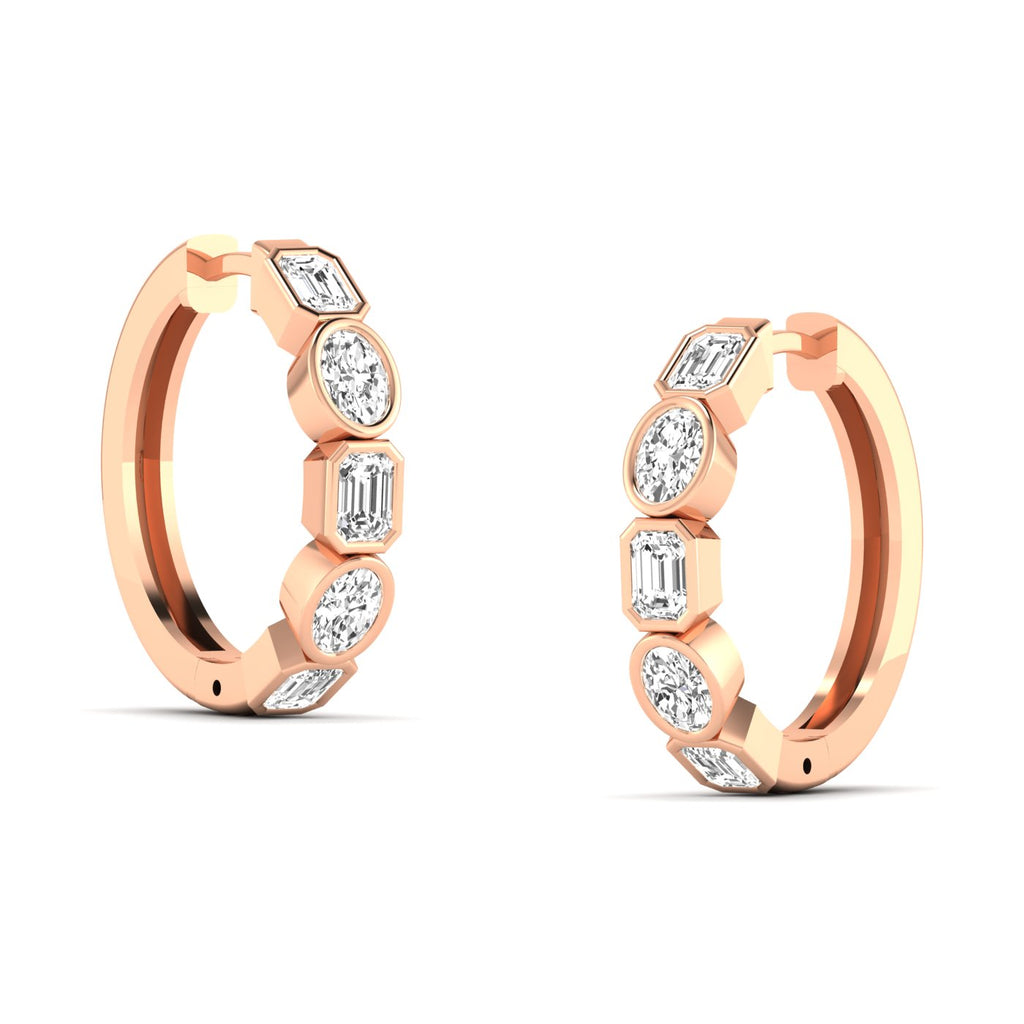 Elegant emerald cut and oval diamond hoop earrings featuring a mix of stunning emerald-cut and oval diamonds, set in high-quality metal for a sophisticated look | Rose Gold | Side View