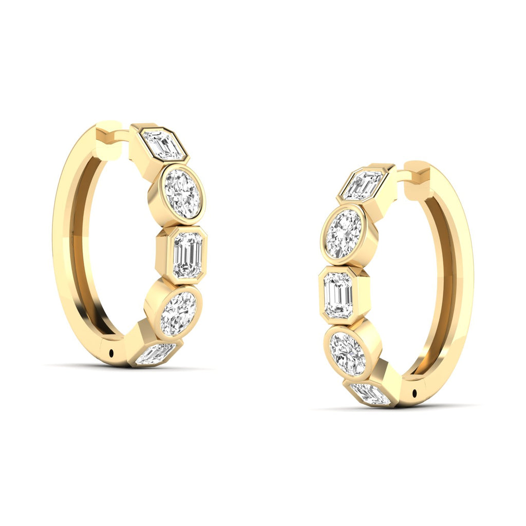 Elegant emerald cut and oval diamond hoop earrings featuring a mix of stunning emerald-cut and oval diamonds, set in high-quality metal for a sophisticated look | Yellow Gold | Side View