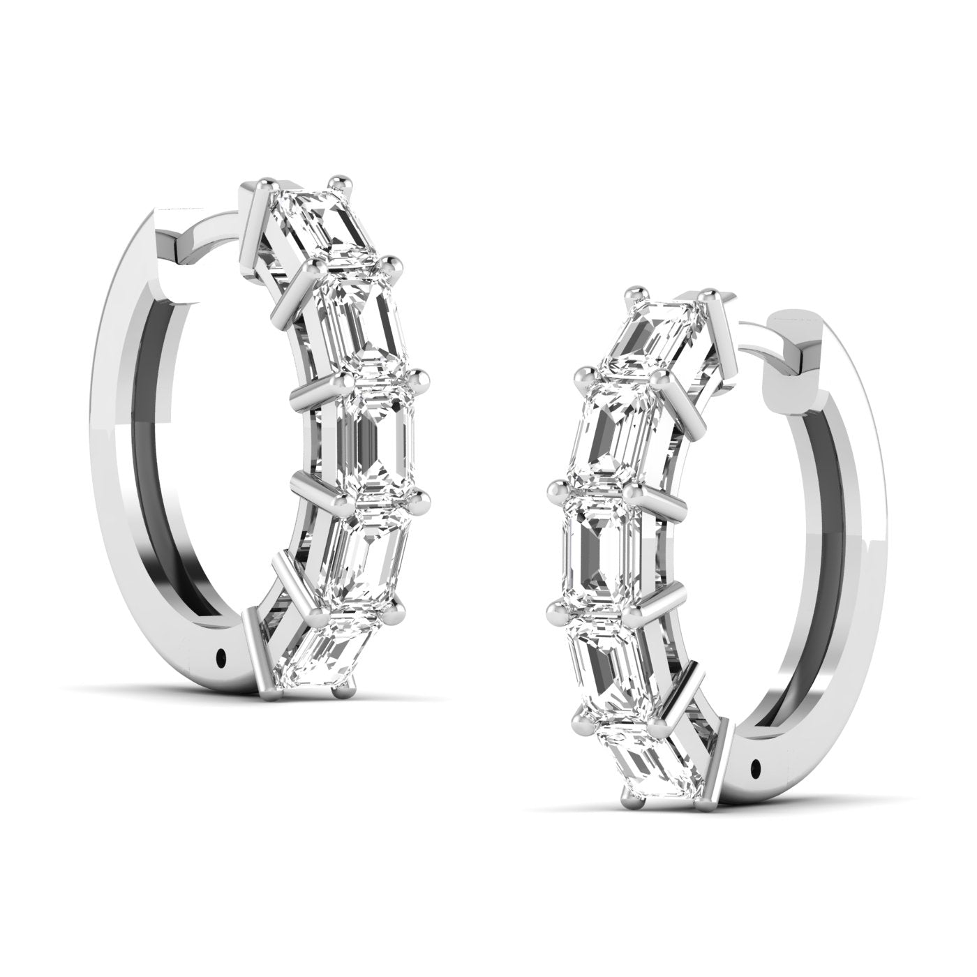 Elegant emerald cut diamond hoop earrings featuring sparkling emerald-cut diamonds set in a sleek metal frame, offering a sophisticated and timeless design | White Gold | Side View