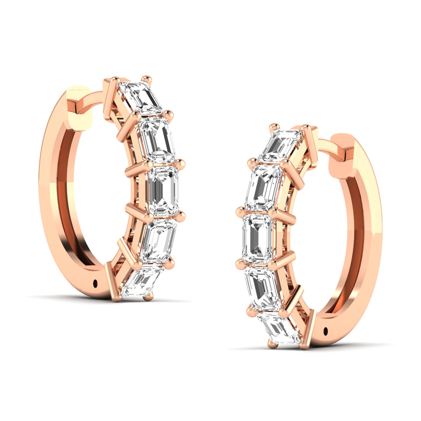 Elegant emerald cut diamond hoop earrings featuring sparkling emerald-cut diamonds set in a sleek metal frame, offering a sophisticated and timeless design | Rose Gold | Side View