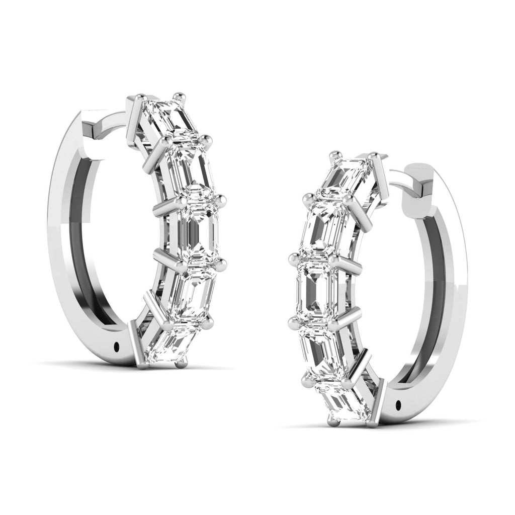 Elegant emerald cut diamond hoop earrings featuring sparkling emerald-cut diamonds set in a sleek metal frame, offering a sophisticated and timeless design | White Gold | Side View