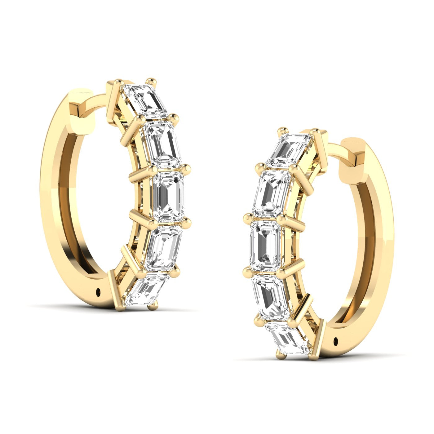 Elegant emerald cut diamond hoop earrings featuring sparkling emerald-cut diamonds set in a sleek metal frame, offering a sophisticated and timeless design | Yellow Gold | Side View