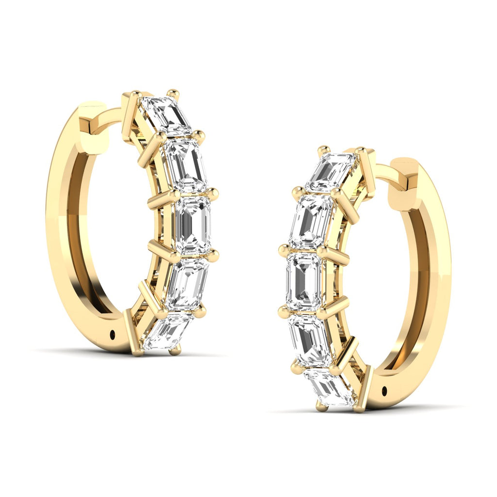 Elegant emerald cut diamond hoop earrings featuring sparkling emerald-cut diamonds set in a sleek metal frame, offering a sophisticated and timeless design | Yellow Gold | Side View