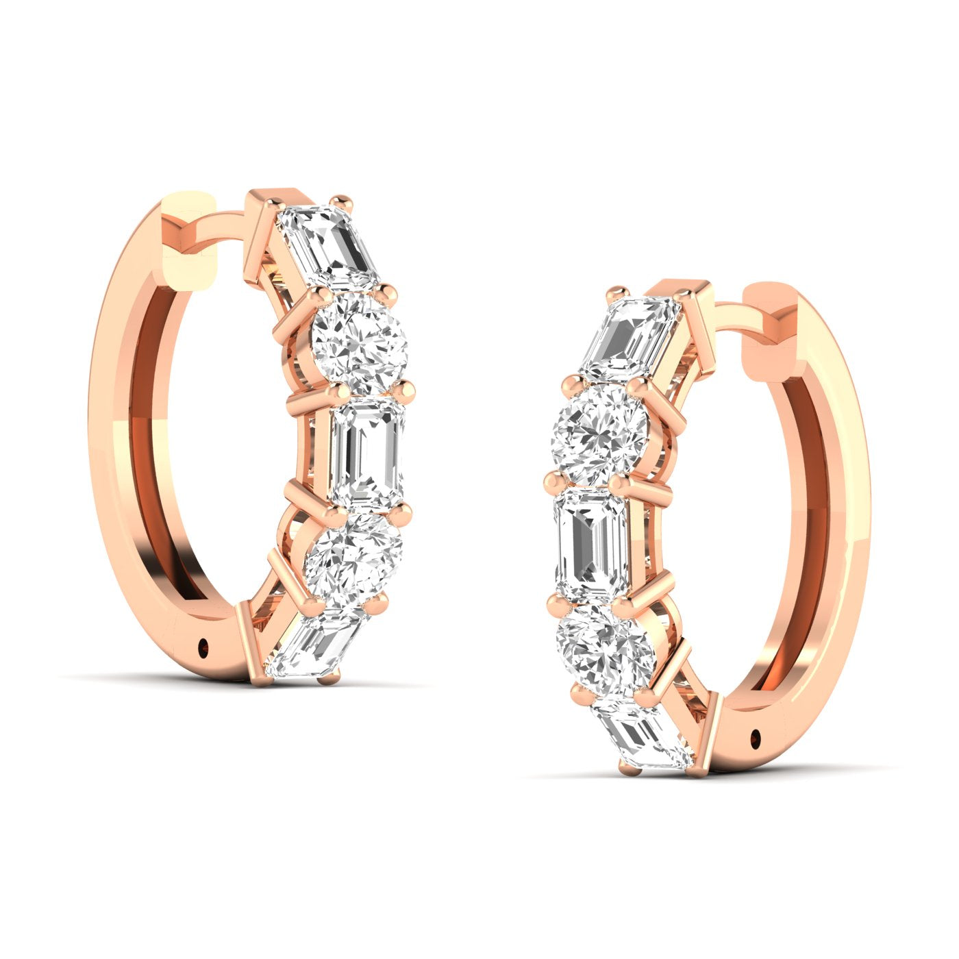 Stylish emerald cut and round shared prong hoop earrings featuring a stunning combination of emerald-cut and round diamonds, set in a sleek prong setting | Rose Gold | Side View