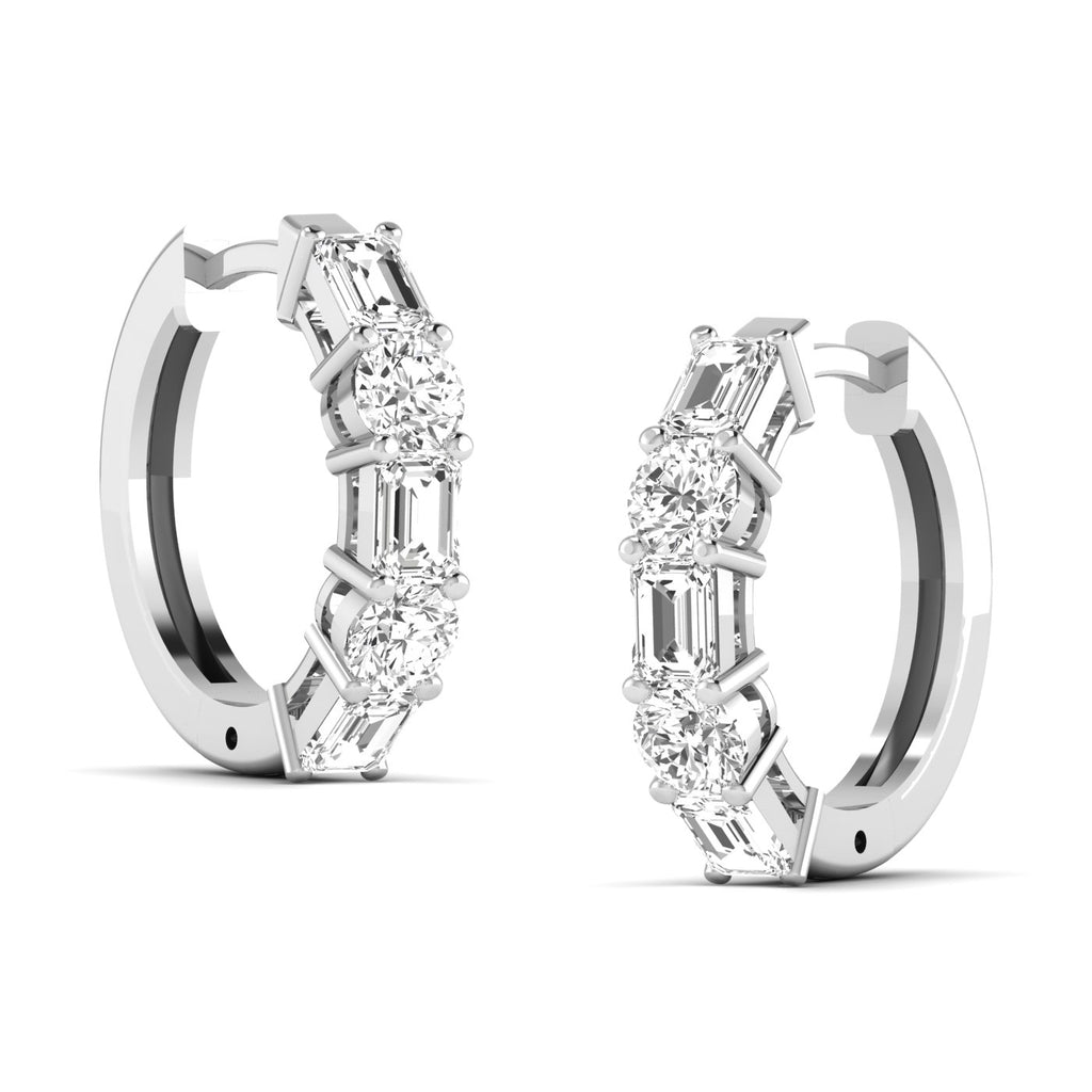 Stylish emerald cut and round shared prong hoop earrings featuring a stunning combination of emerald-cut and round diamonds, set in a sleek prong setting | White Gold | Side View