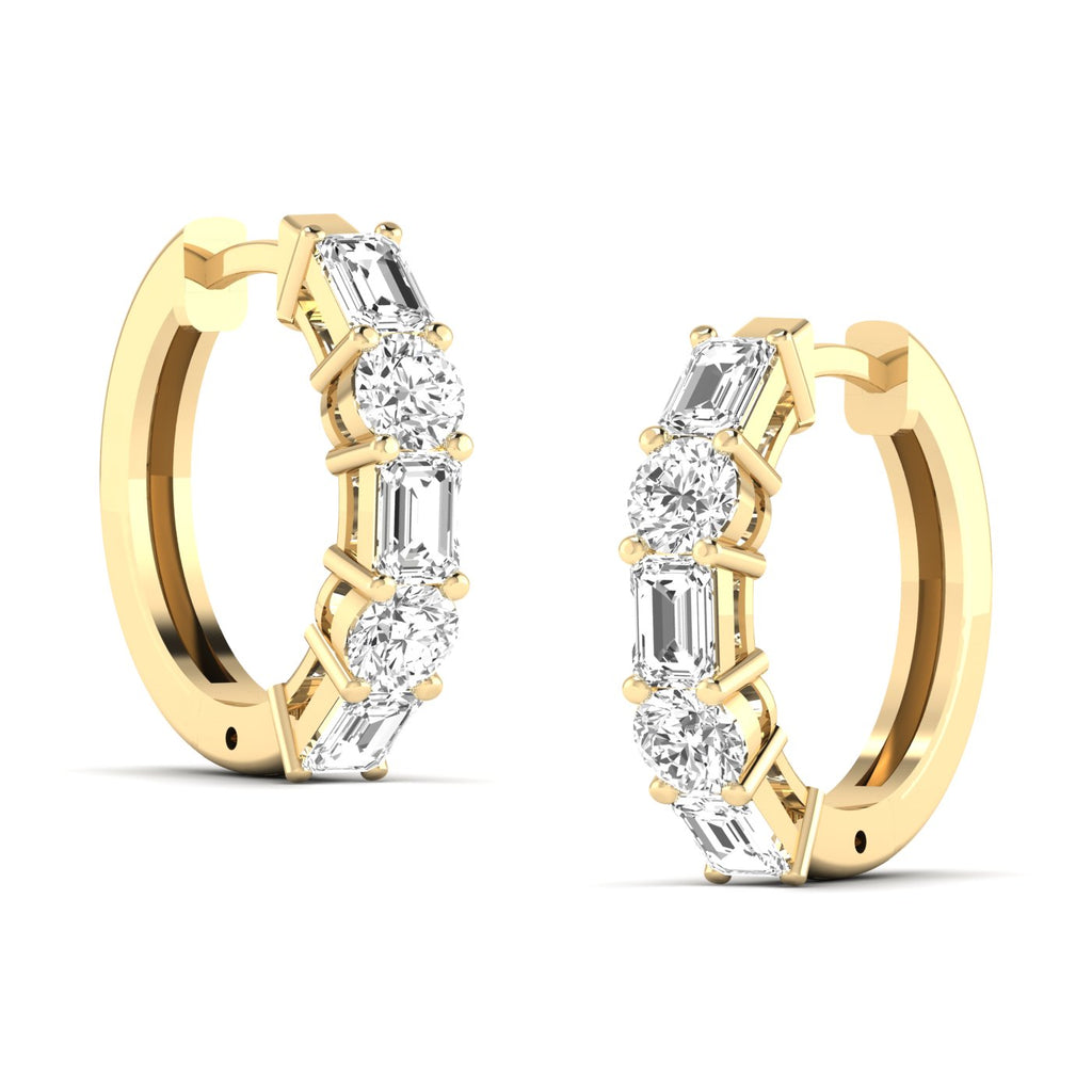 Stylish emerald cut and round shared prong hoop earrings featuring a stunning combination of emerald-cut and round diamonds, set in a sleek prong setting | Yellow Gold | Side View