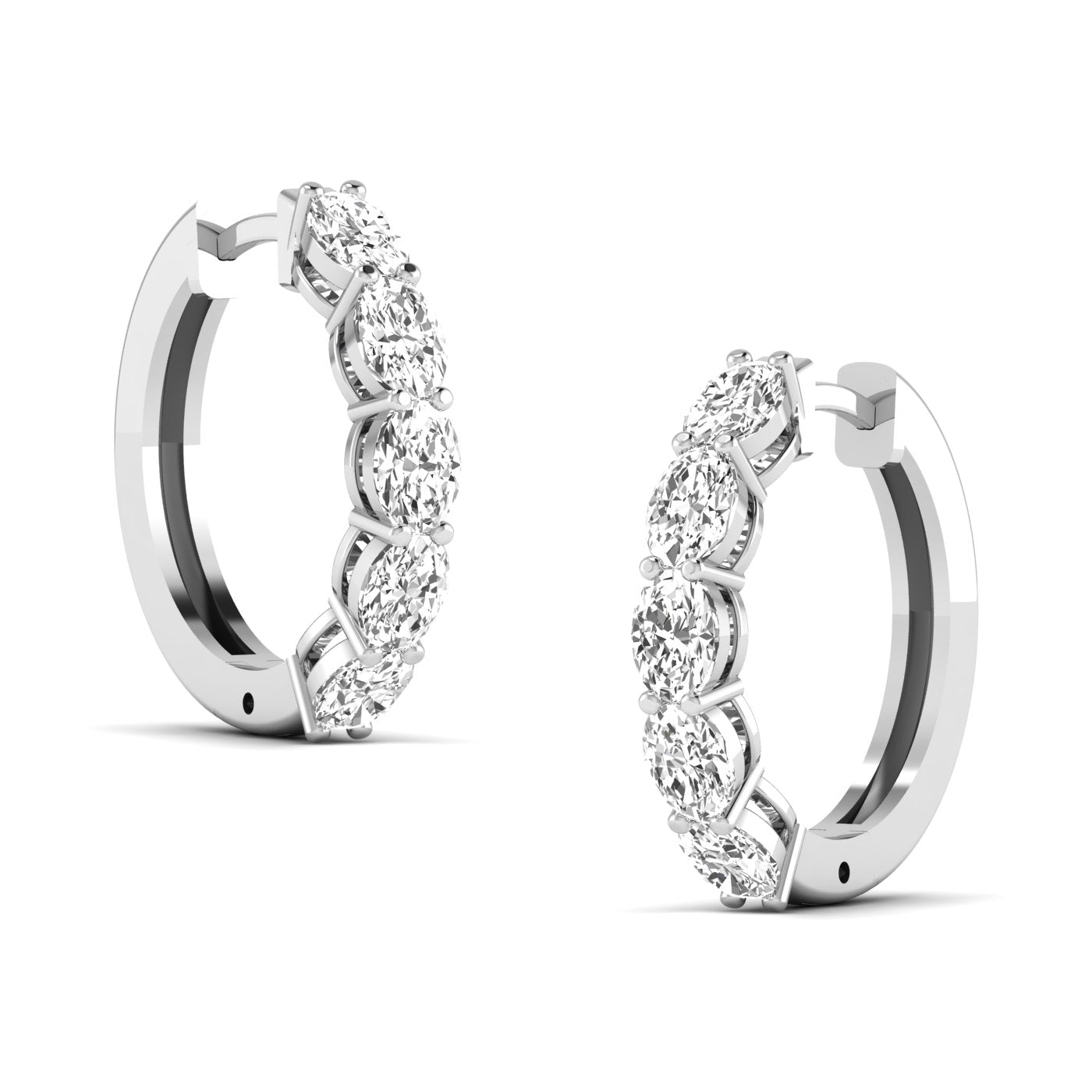 Elegant oval shared prong diamond hoop earrings featuring radiant oval diamonds set securely in a sleek prong design, offering a timeless and sophisticated look | White Gold | Side View