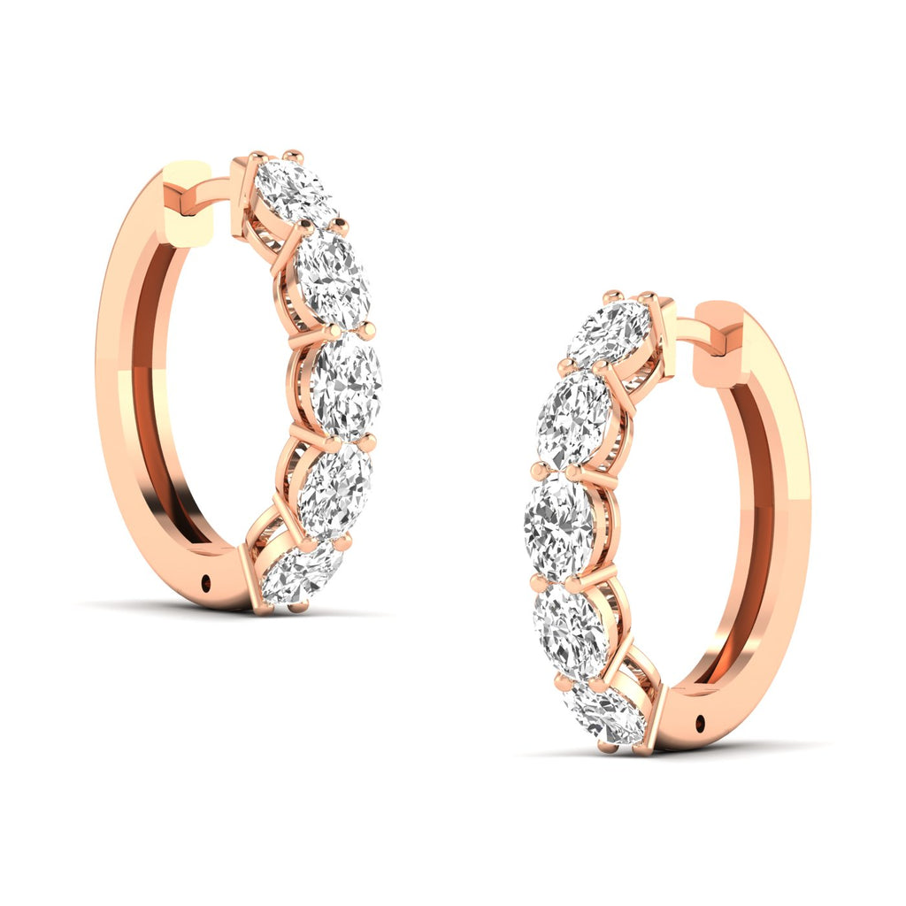 Elegant oval shared prong diamond hoop earrings featuring radiant oval diamonds set securely in a sleek prong design, offering a timeless and sophisticated look | Rose Gold | Side View