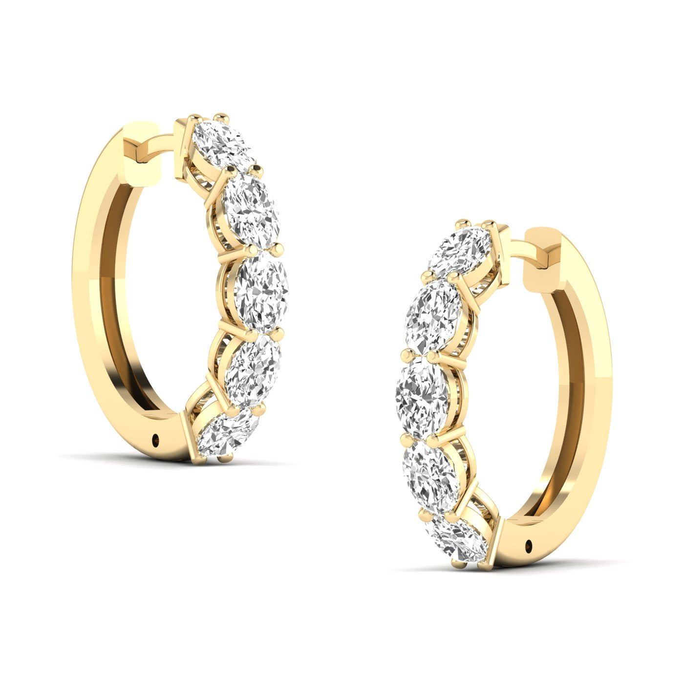 Elegant oval shared prong diamond hoop earrings featuring radiant oval diamonds set securely in a sleek prong design, offering a timeless and sophisticated look | Yellow Gold | Side View