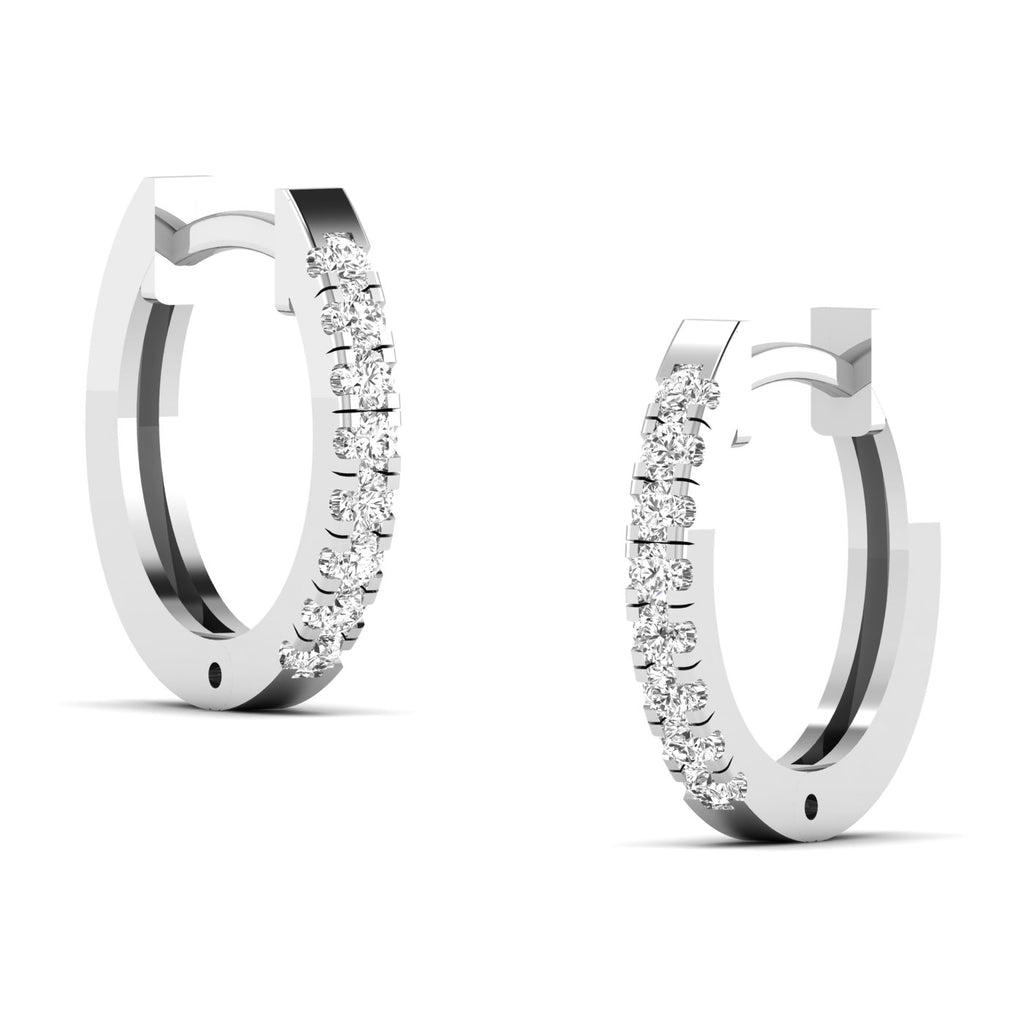 Stunning round diamond pave hoop earrings featuring a full circle of sparkling round diamonds set in a sleek metal frame, offering a glamorous and elegant look | White Gold | Side View