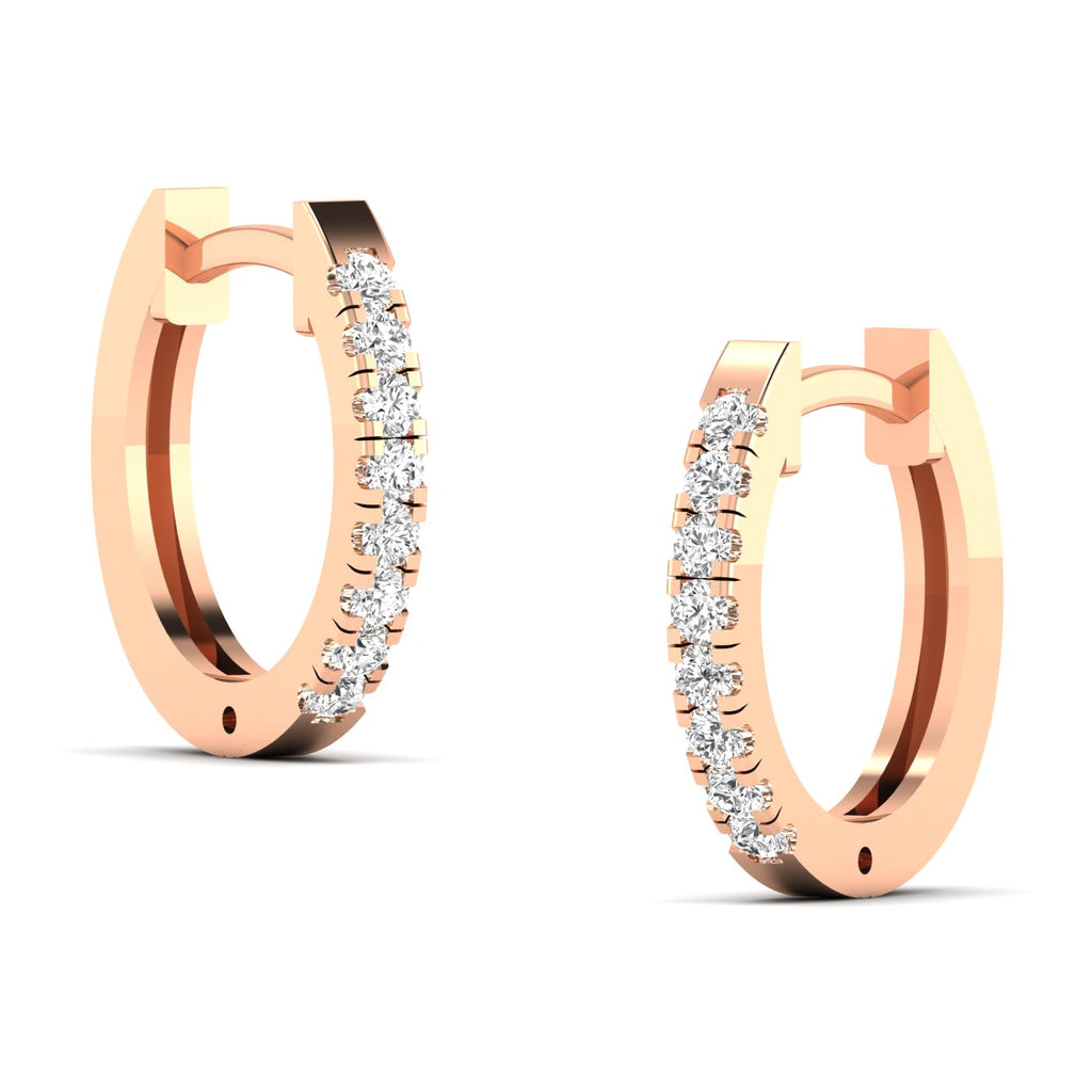 Stunning round diamond pave hoop earrings featuring a full circle of sparkling round diamonds set in a sleek metal frame, offering a glamorous and elegant look | Rose Gold | Side View