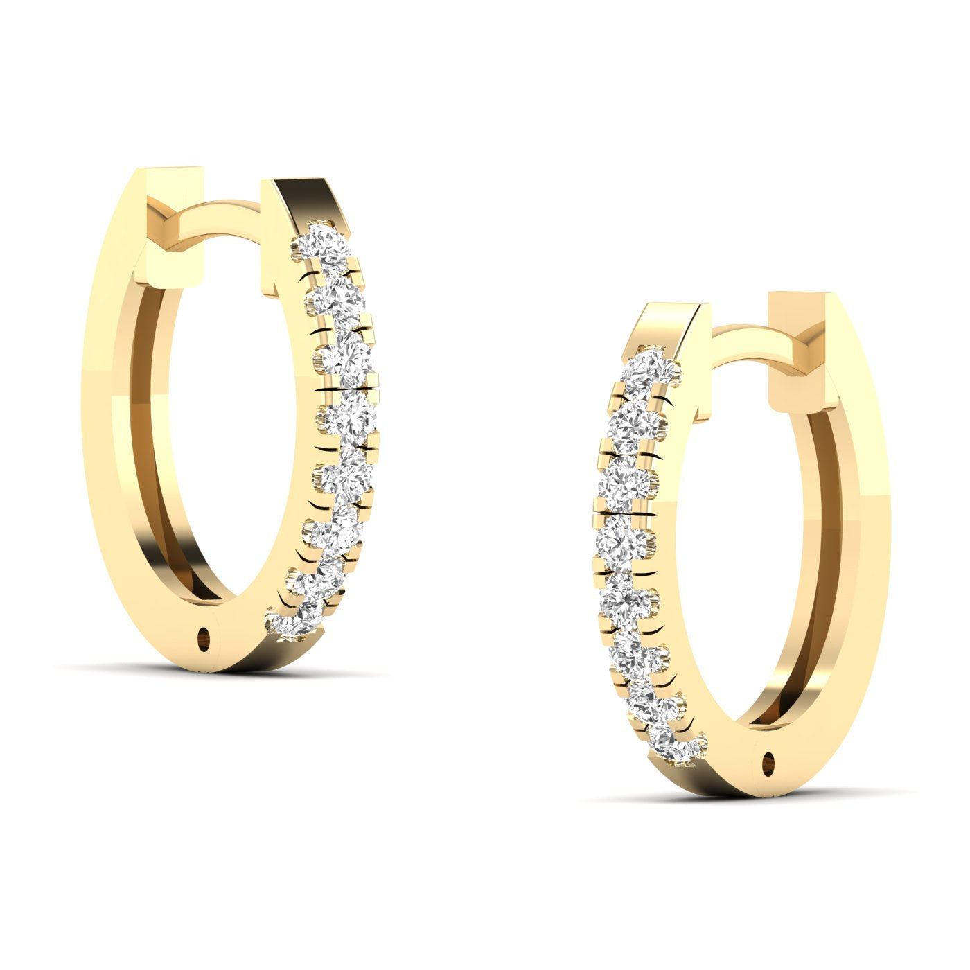 Stunning round diamond pave hoop earrings featuring a full circle of sparkling round diamonds set in a sleek metal frame, offering a glamorous and elegant look | Yellow Gold | Side  View