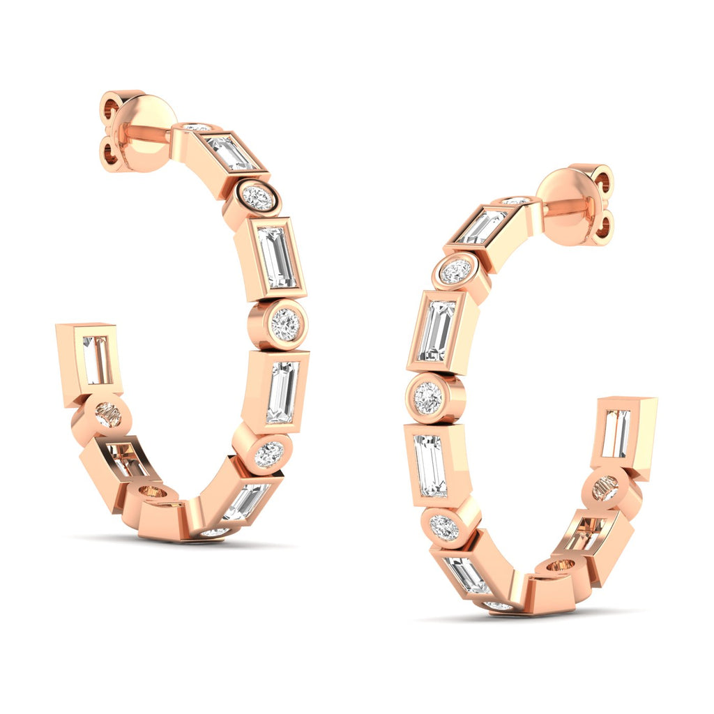 Elegant emerald cut and round bezel diamond hoop earrings featuring a mix of emerald and round diamonds set in sleek bezel settings for a sophisticated design | Rose Gold | Side View