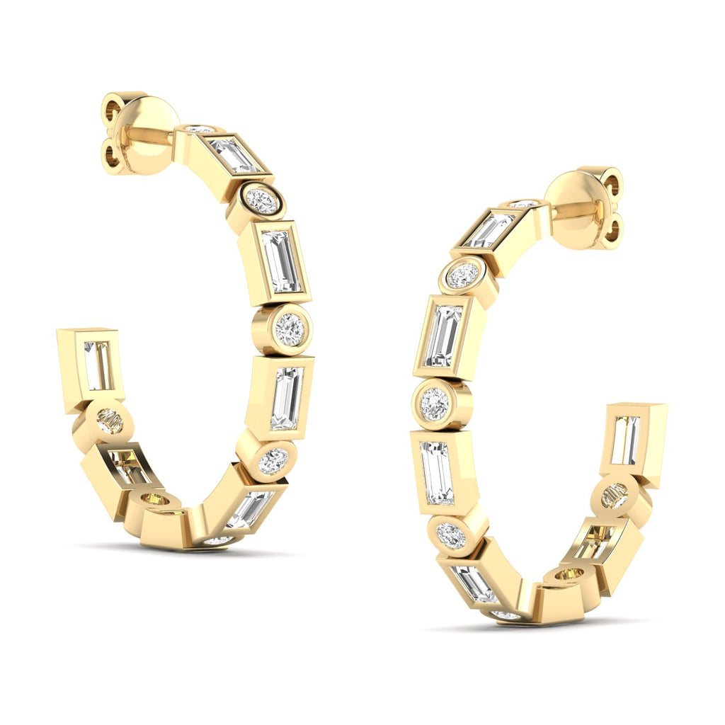 Elegant emerald cut and round bezel diamond hoop earrings featuring a mix of emerald and round diamonds set in sleek bezel settings for a sophisticated design | Yellow Gold | Side View