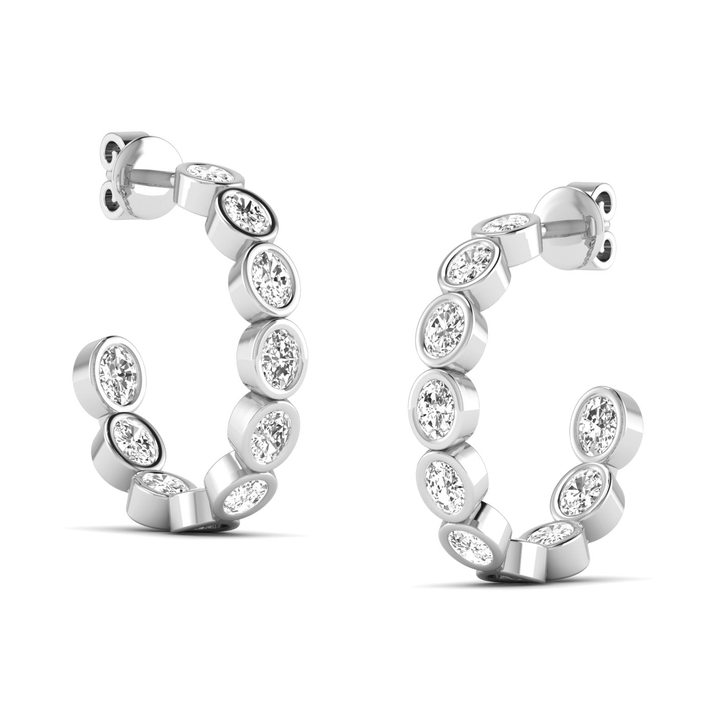 Elegant oval bezel diamond hoop earrings featuring radiant oval diamonds set in sleek bezel settings, offering a modern and sophisticated look | White Gold | Side View