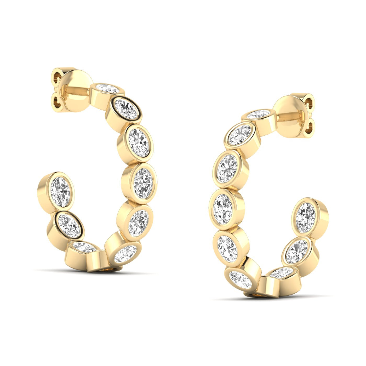 Elegant oval bezel diamond hoop earrings featuring radiant oval diamonds set in sleek bezel settings, offering a modern and sophisticated look | Yellow Gold | Side View