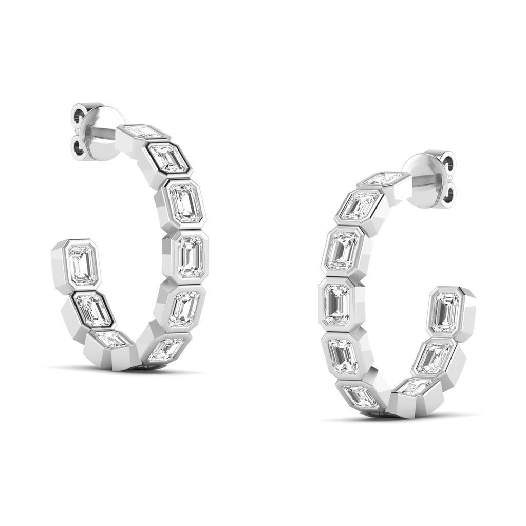 Elegant emerald cut bezel diamond hoop earrings featuring stunning emerald-cut diamonds set in sleek bezel settings, offering a modern and sophisticated design | White Gold | Side View