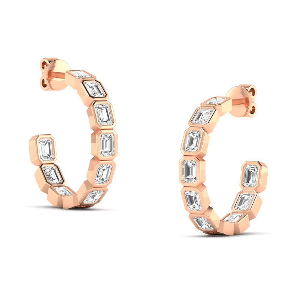 Elegant emerald cut bezel diamond hoop earrings featuring stunning emerald-cut diamonds set in sleek bezel settings, offering a modern and sophisticated design | Rose Gold | Side View