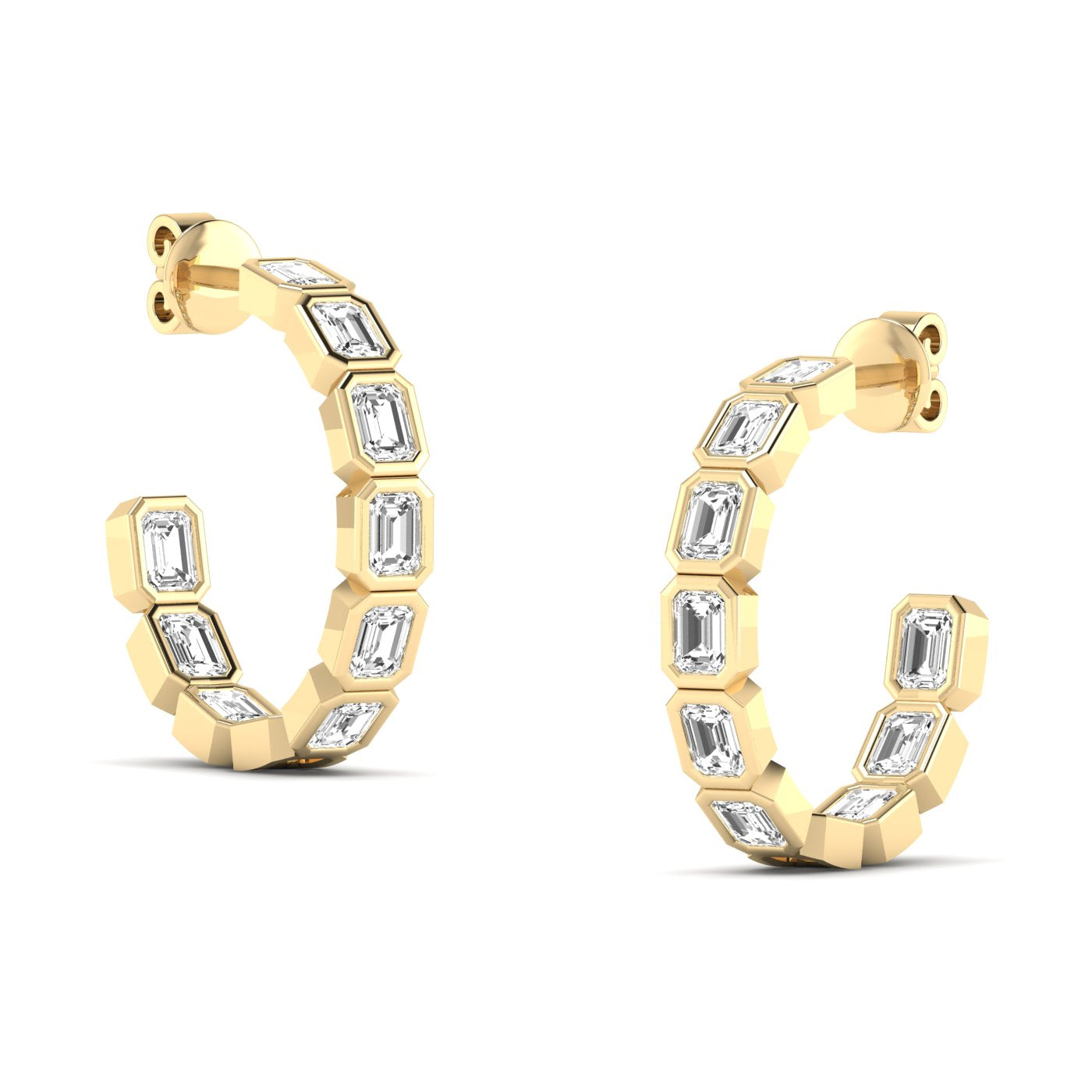 Elegant emerald cut bezel diamond hoop earrings featuring stunning emerald-cut diamonds set in sleek bezel settings, offering a modern and sophisticated design | Yellow Gold | Side View