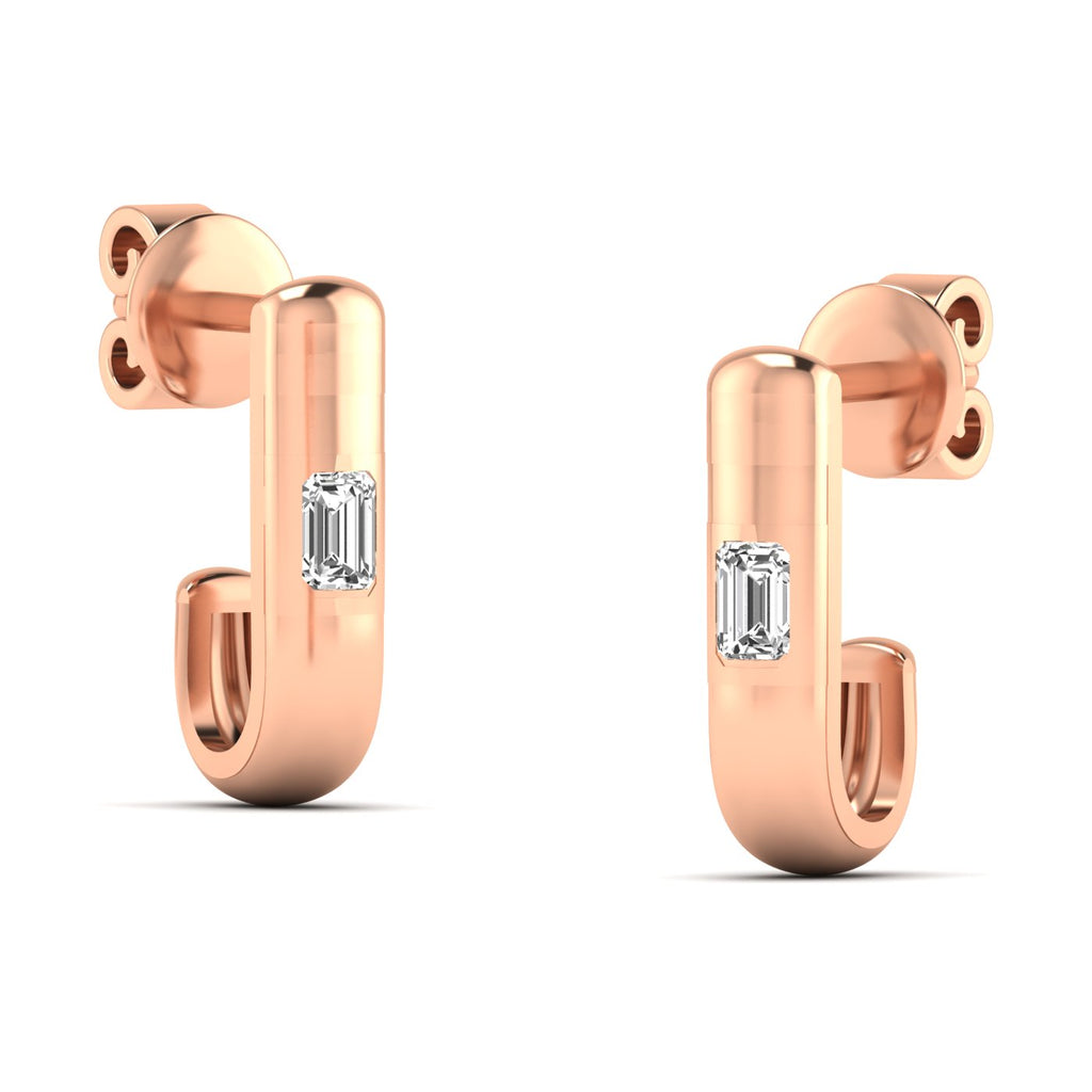 Elegant Emerald Cut Solitaire Hoops Diamond Earrings featuring a stunning emerald-cut diamond in a sleek hoop setting, offering a modern and sophisticated look | Rose Gold | Side View