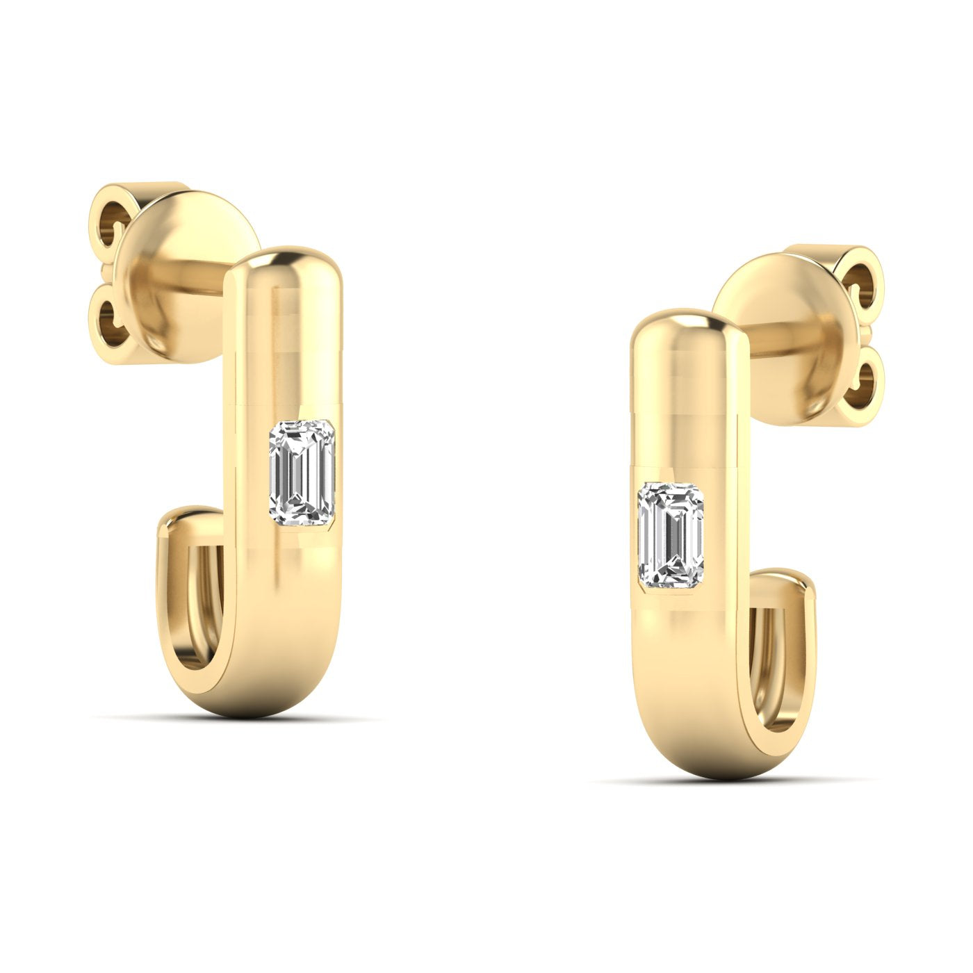 Elegant Emerald Cut Solitaire Hoops Diamond Earrings featuring a stunning emerald-cut diamond in a sleek hoop setting, offering a modern and sophisticated look | Yellow Gold | Side View