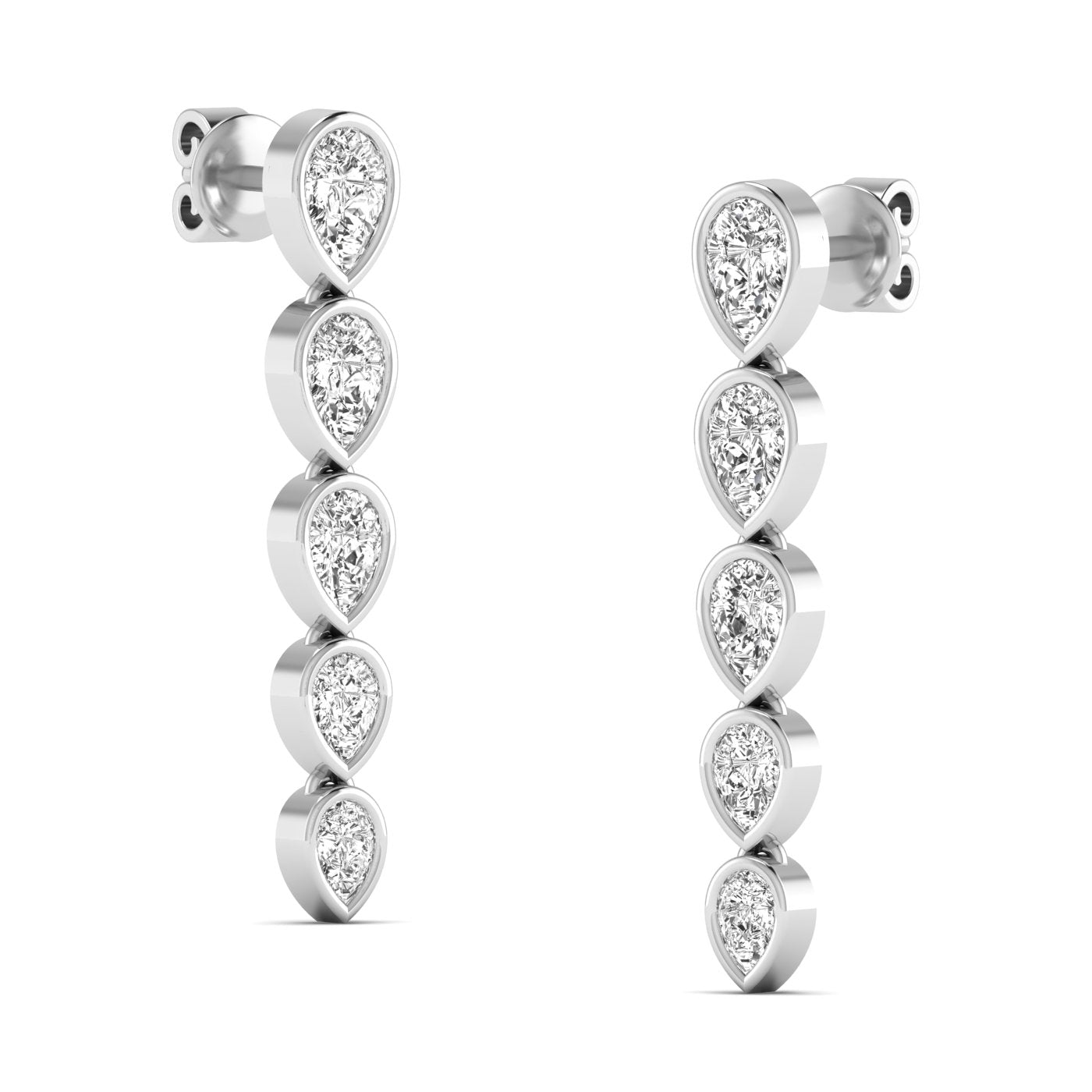 Elegant inverted pear bezel diamond dangle earrings featuring inverted pear-shaped diamonds in sleek bezel settings for a modern, sophisticated look | White Gold | Side View