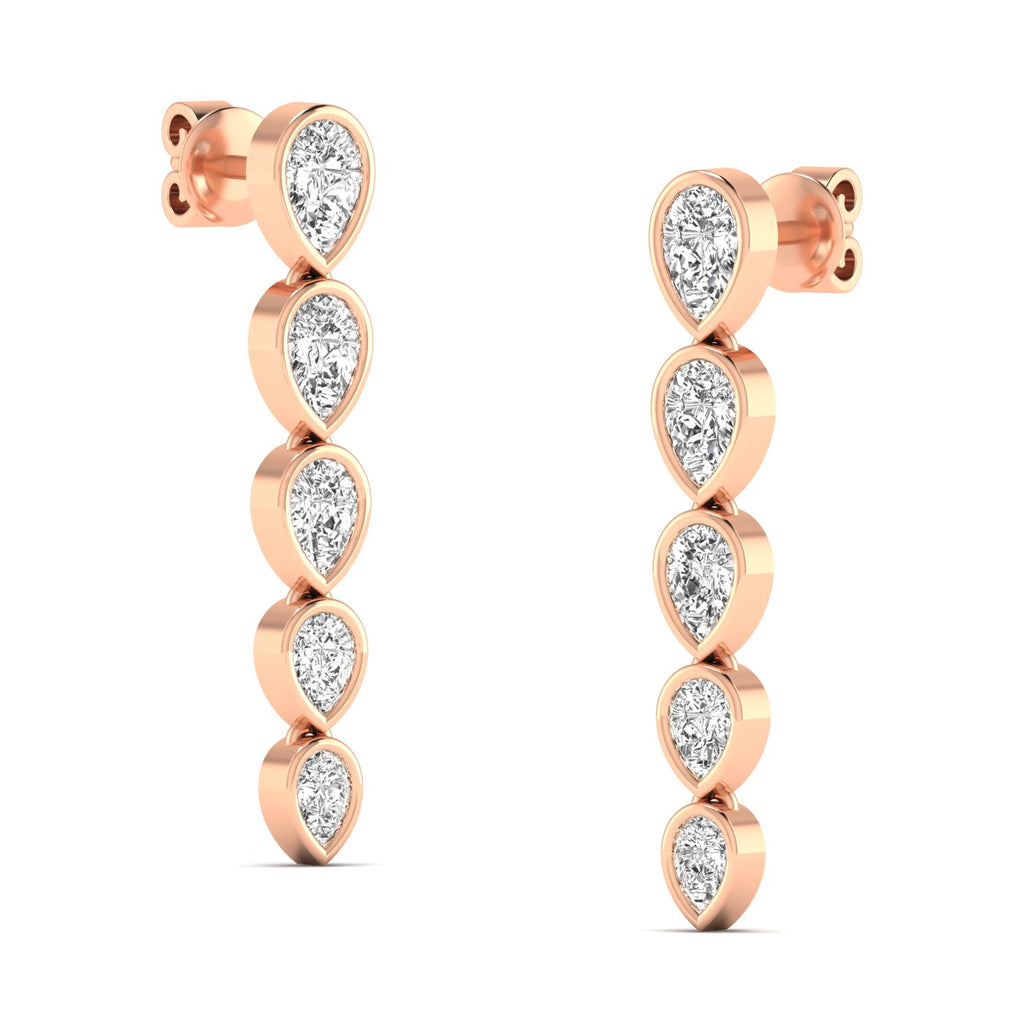 Elegant inverted pear bezel diamond dangle earrings featuring inverted pear-shaped diamonds in sleek bezel settings for a modern, sophisticated look | Rose Gold | Side View