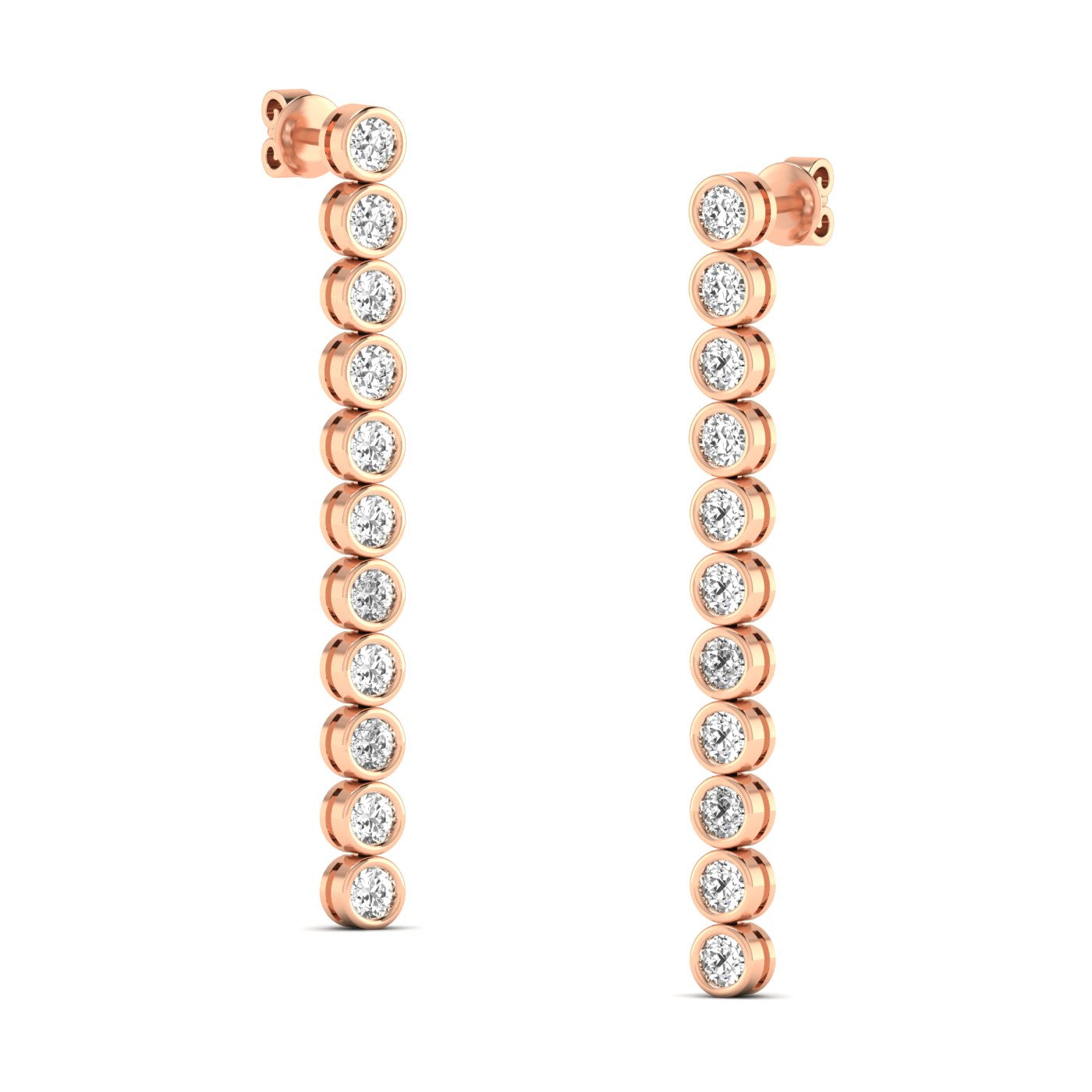 Elegant linear bezel dangle earrings featuring diamonds set in sleek bezel settings, designed for a modern and sophisticated look | Rose Gold | Side View