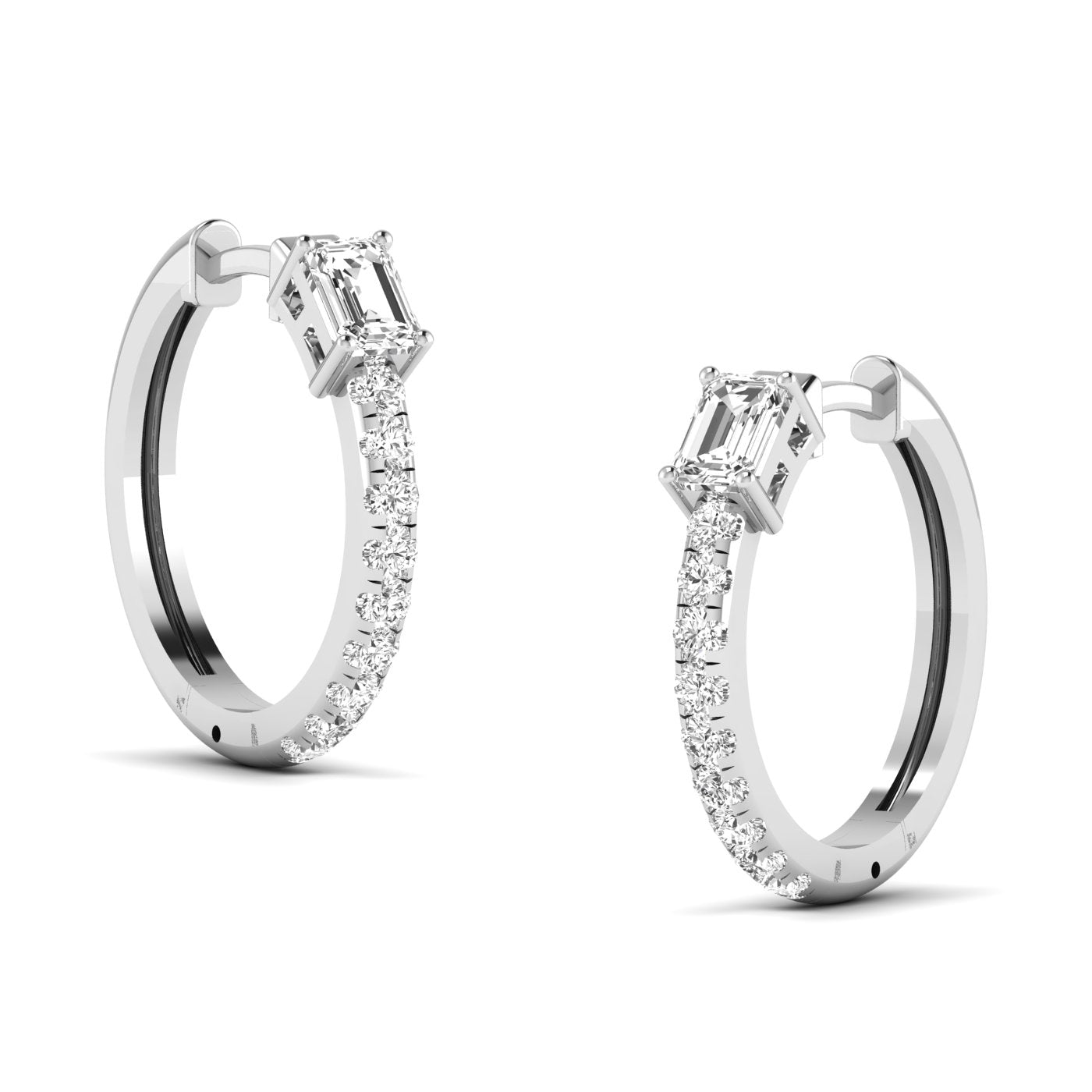 Stunning Emerald Cut and Round Hoops Diamond Earrings featuring a mix of emerald-cut and round diamonds set in a sleek hoop design for a sophisticated look | White Gold | Side View