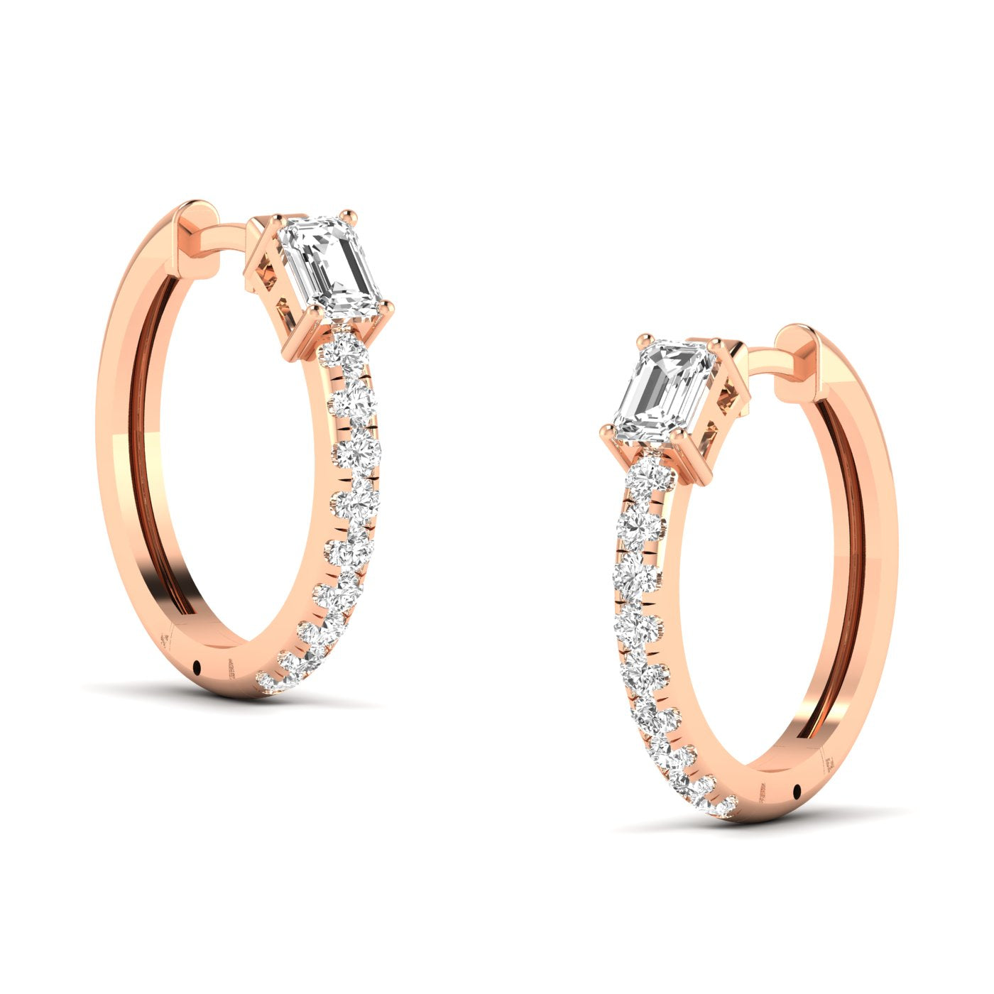 Stunning Emerald Cut and Round Hoops Diamond Earrings featuring a mix of emerald-cut and round diamonds set in a sleek hoop design for a sophisticated look | Rose Gold | Side View