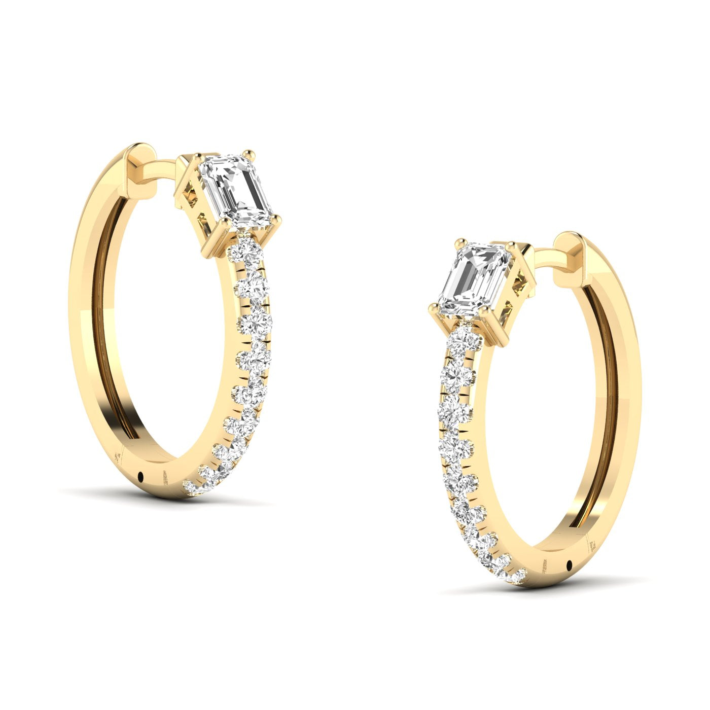 Stunning Emerald Cut and Round Hoops Diamond Earrings featuring a mix of emerald-cut and round diamonds set in a sleek hoop design for a sophisticated look | Yellow Gold | Side View