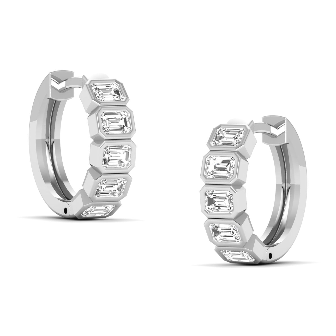 Elegant Emerald Cut Hoops Diamond Earrings featuring radiant emerald-cut diamonds set in a sleek hoop design, offering a timeless and sophisticated look | White Gold | Side View