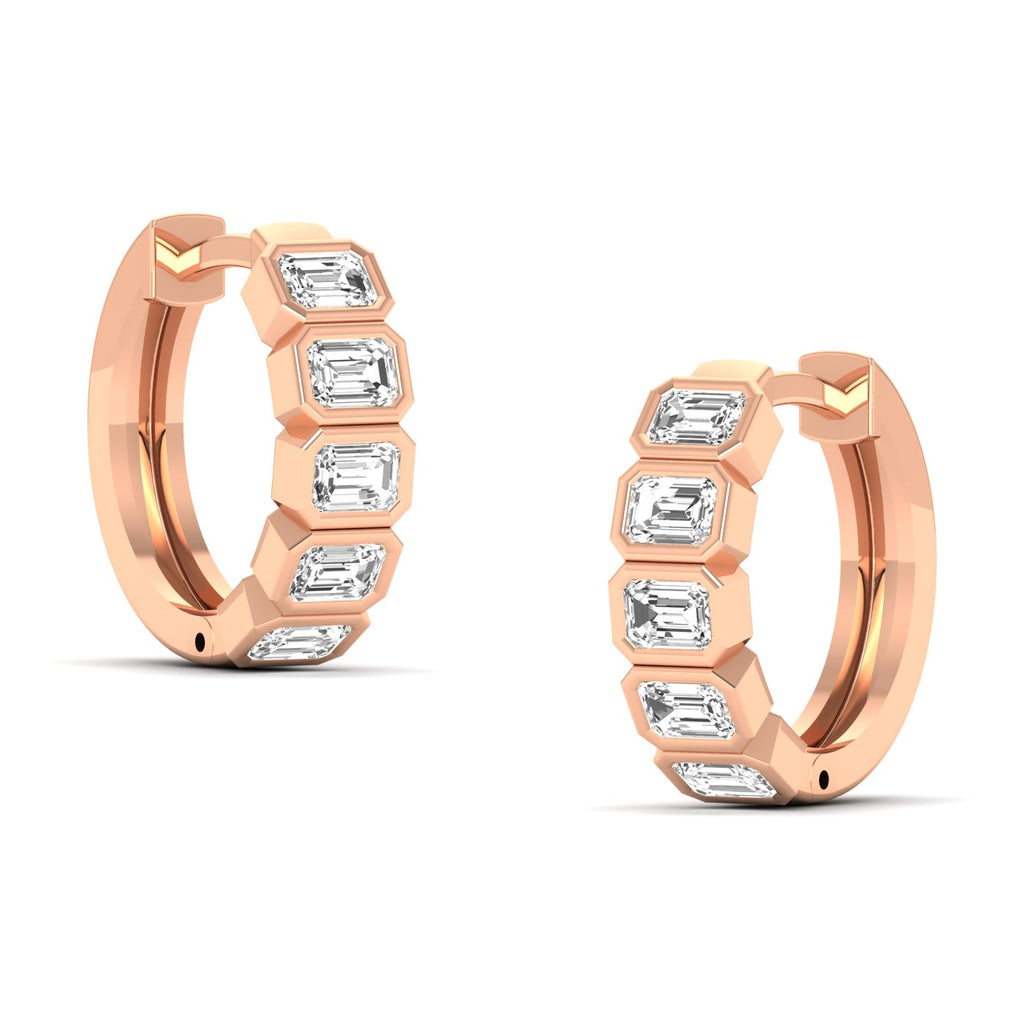 Elegant Emerald Cut Hoops Diamond Earrings featuring radiant emerald-cut diamonds set in a sleek hoop design, offering a timeless and sophisticated look | Rose Gold | Side  View