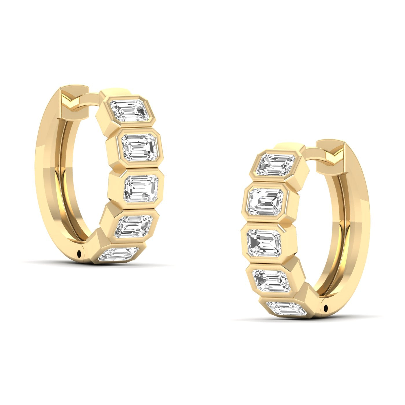 Elegant Emerald Cut Hoops Diamond Earrings featuring radiant emerald-cut diamonds set in a sleek hoop design, offering a timeless and sophisticated look | Yellow Gold | Side View